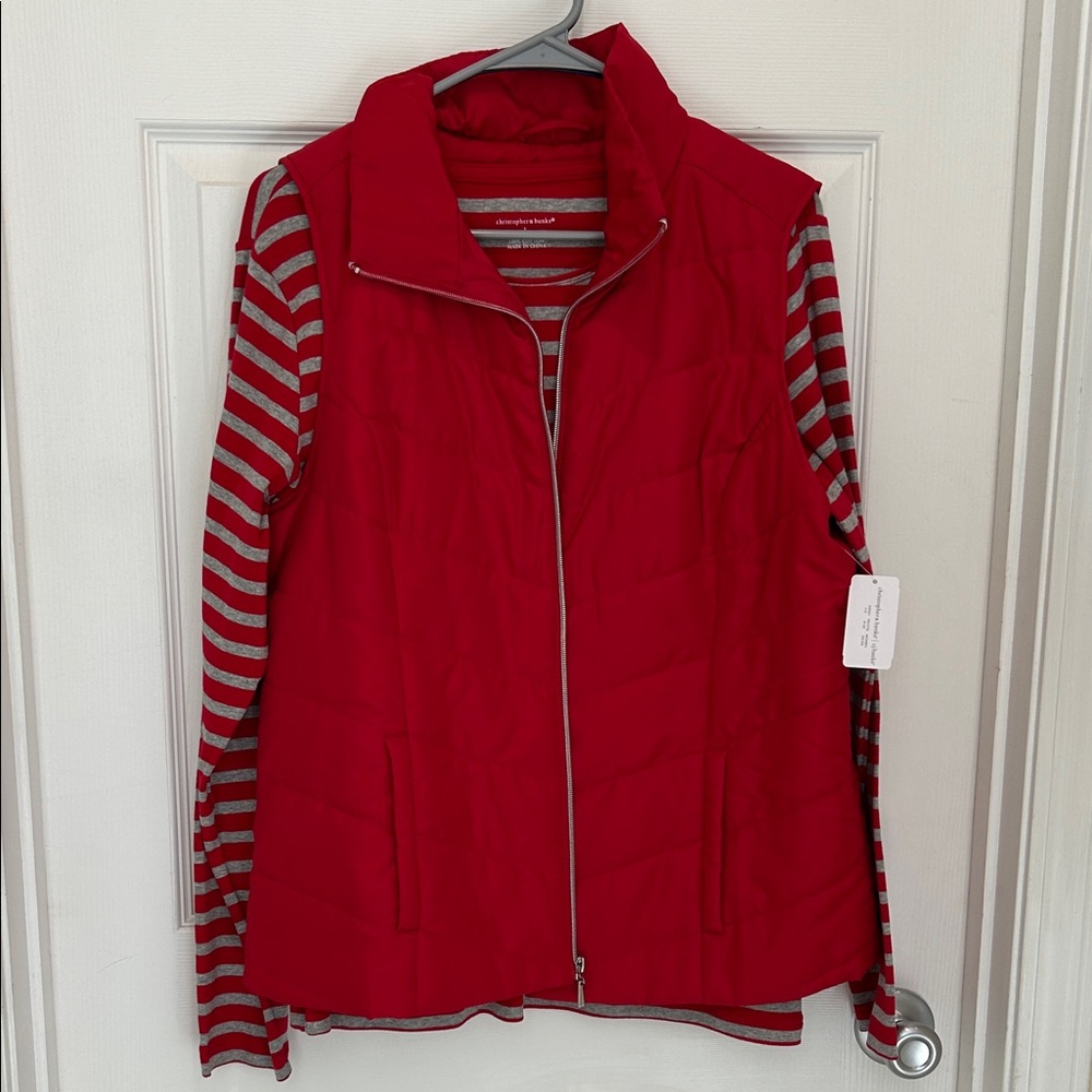 Christopher & Banks Red Quilted Vest with Striped Sleeves